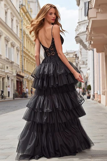 Tiered Spaghetti Straps Black A Line Lace Prom Dress